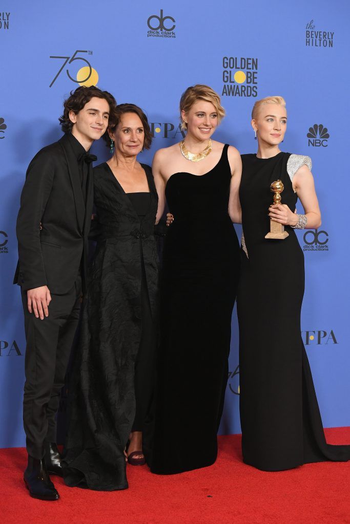 BEVERLY HILLS, CA - JANUARY 07:  (L-R) Timothee Chalamet, Laurie Metcalf, Greta Gerwig and Saoirse Ronan poses with the award for Best Motion Picture Musical or Comedy in 'Lady Bird' in the press room during The 75th Annual Golden Globe Awards at The Beverly Hilton Hotel on January 7, 2018 in Beverly Hills, California.  (Photo by Kevin Winter/Getty Images)