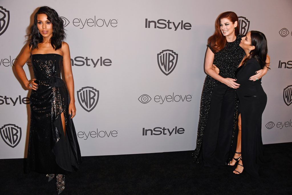 (L-R) Actors Kerry Washington, Debra Messing, and Eva Longoria attend 19th Annual Post-Golden Globes Party hosted by Warner Bros. Pictures and InStyle at The Beverly Hilton Hotel on January 7, 2018 in Beverly Hills, California.  (Photo by Frazer Harrison/Getty Images)