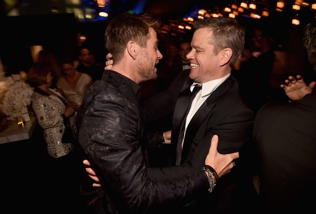 Actors Chris Hemsworth (L) and Matt Damon attend Amazon Studios' Golden Globes Celebration at The Beverly Hilton Hotel on January 7, 2018 in Beverly Hills, California.  (Photo by Alberto E. Rodriguez/Getty Images)