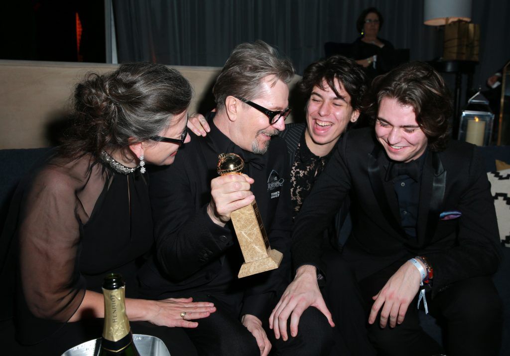 Gisele Schmidt, actor Gary Oldman, Charlie John Oldman  and Gulliver Flynn Oldman attend Focus Features Golden Globe Awards After Party on January 7, 2018 in Beverly Hills, California.  (Photo by Rich Fury/Getty Images)