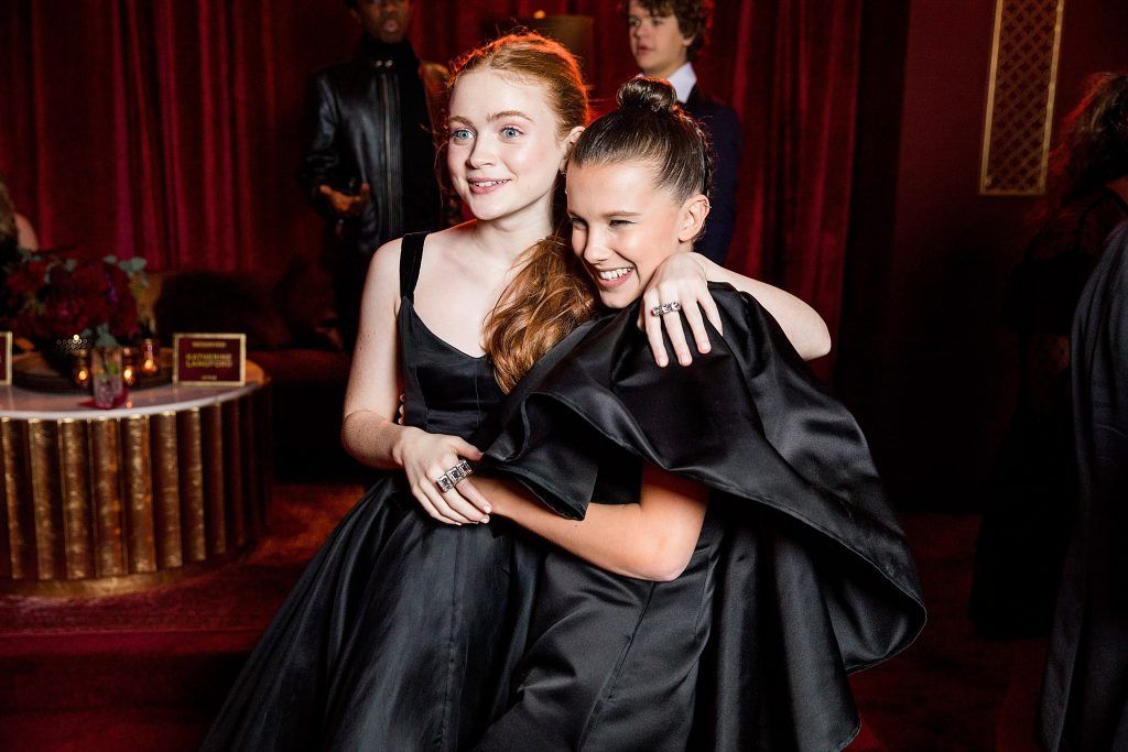 Sadie Sink and Millie Bobby Brown attend the Netflix Golden Globes after party at Waldorf Astoria Beverly Hills on January 7, 2018 in Beverly Hills, California.  (Photo by Netflix via Getty Images)