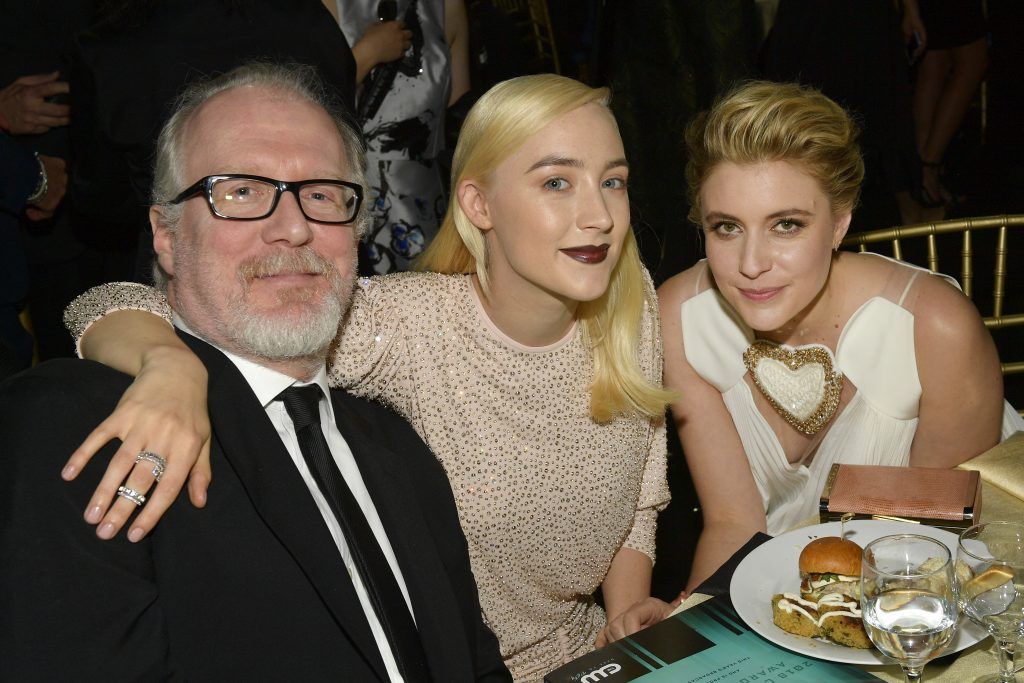 Actors Saoirse Ronan (C) and  Greta Gerwig attend The 23rd Annual Critics' Choice Awards at Barker Hangar on January 11, 2018 in Santa Monica, California.  (Photo by Matt Winkelmeyer/Getty Images for The Critics' Choice Awards  )