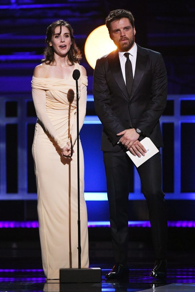 Actors Alison Brie and Sebastian Stan speak onstage during The 23rd Annual Critics' Choice Awards at Barker Hangar on January 11, 2018 in Santa Monica, California.  (Photo by Kevin Winter/Getty Images)