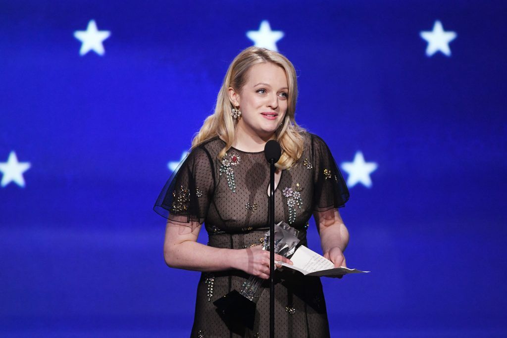 Actor Elisabeth Moss accepts Best Actress in a Drama Series for 'The Handmaid's Tale' onstage during The 23rd Annual Critics' Choice Awards at Barker Hangar on January 11, 2018 in Santa Monica, California.  (Photo by Kevin Winter/Getty Images)