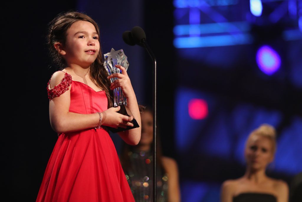 Actor Brooklynn Prince accepts Best Young Actor/Actress award for 'The Florida Project' onstage during The 23rd Annual Critics' Choice Awards at Barker Hangar on January 11, 2018 in Santa Monica, California.  (Photo by Christopher Polk/Getty Images for The Critics' Choice Awards  )