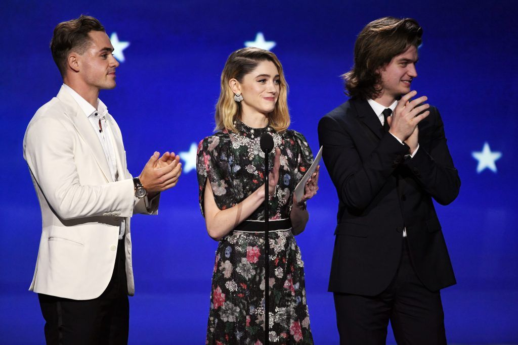 Actors Dacre Montgomery, Natalia Dyer and Joe Keery speak onstage during The 23rd Annual Critics' Choice Awards at Barker Hangar on January 11, 2018 in Santa Monica, California.  (Photo by Kevin Winter/Getty Images)