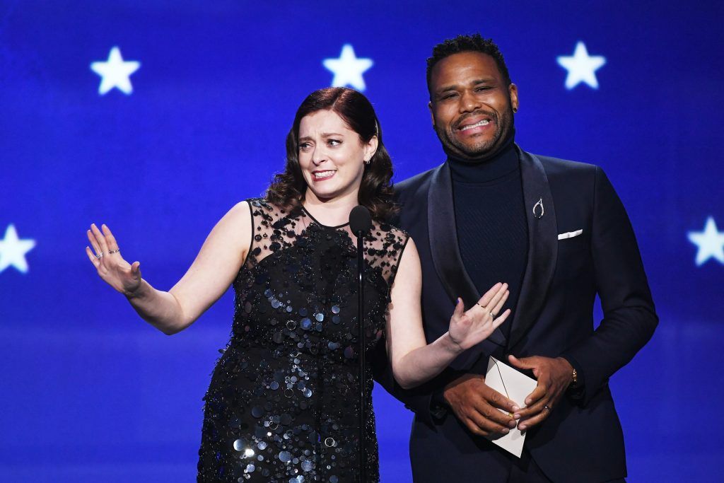 Actors Rachel Bloom and Anthony Anderson speak onstage during The 23rd Annual Critics' Choice Awards at Barker Hangar on January 11, 2018 in Santa Monica, California.  (Photo by Kevin Winter/Getty Images)