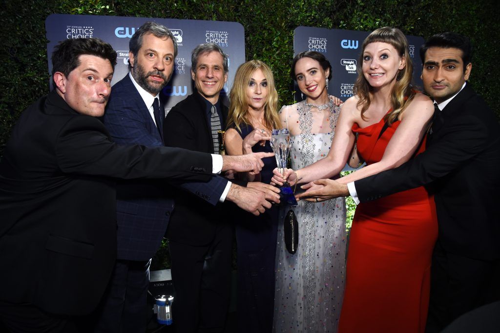 (L-R) Director Michael Showalter, producers Judd Apatow and Barry Mendel, actors Holly Hunter, Zoe Kazan, screenwriter Emily V. Gordon and actor Kumail Nanjiani pose with the Best Comedy award for 'The Big Sick'  (Photo by Matt Winkelmeyer/Getty Images for The Critics' Choice Awards  )