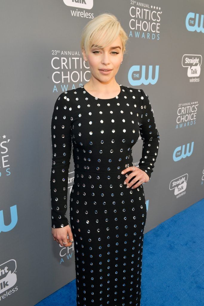 SANTA MONICA, CA - JANUARY 11:  Actor Emilia Clarke attends The 23rd Annual Critics' Choice Awards at Barker Hangar on January 11, 2018 in Santa Monica, California.  (Photo by Matt Winkelmeyer/Getty Images for The Critics' Choice Awards  )