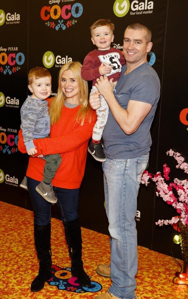 Karen Koster with husband John McGuire and children Finn (3) and JJ (2) pictured at the special family screening of Disney Pixar's Coco in the ODEON Cinema Point Village (13th January 2018). Picture: Andres Poveda