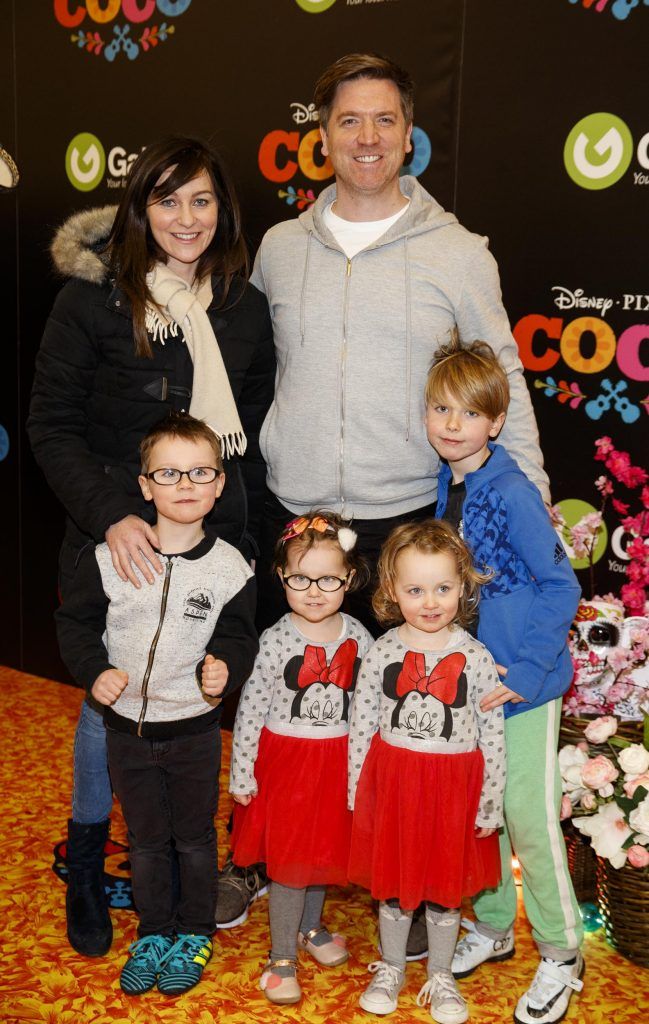 Tracy Sheridan and Dave Moore with family Samuel (9), twins Nina and Anna (3) and Andrew (8) pictured at the special family screening of Disney Pixar's Coco in the ODEON Cinema Point Village (13th January 2018). Picture: Andres Poveda