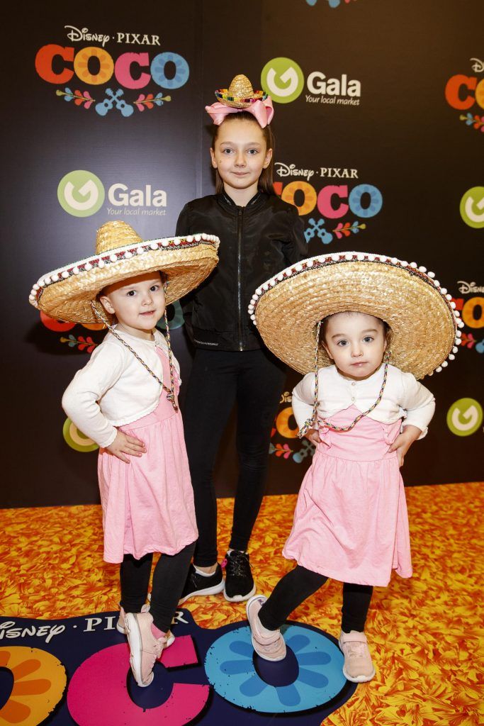 Amelia and Hallie Martin (3) and big sister and Kyra Fitzpatrick from Dublin 8 pictured at the special family screening of Disney Pixar's Coco in the ODEON Cinema Point Village (13th January 2018). Picture: Andres Poveda