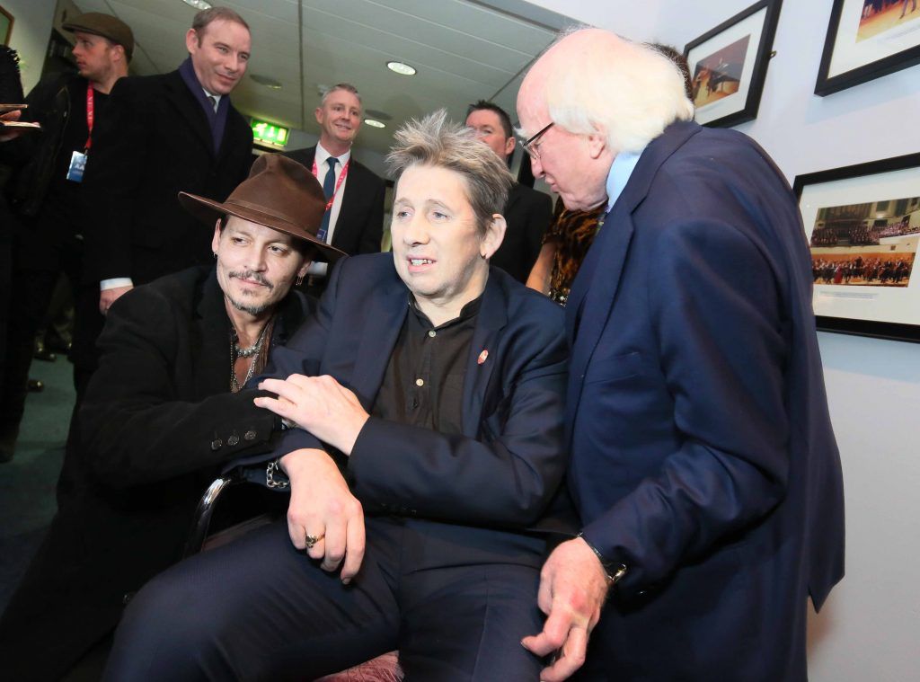 President Michael D. Higgins, Johnny Depp and Shane MacGowan pictured as he was celebrated at the National Concert Hall for his 60th birthday (15th Jan 2018). Photo: Mark Stedman