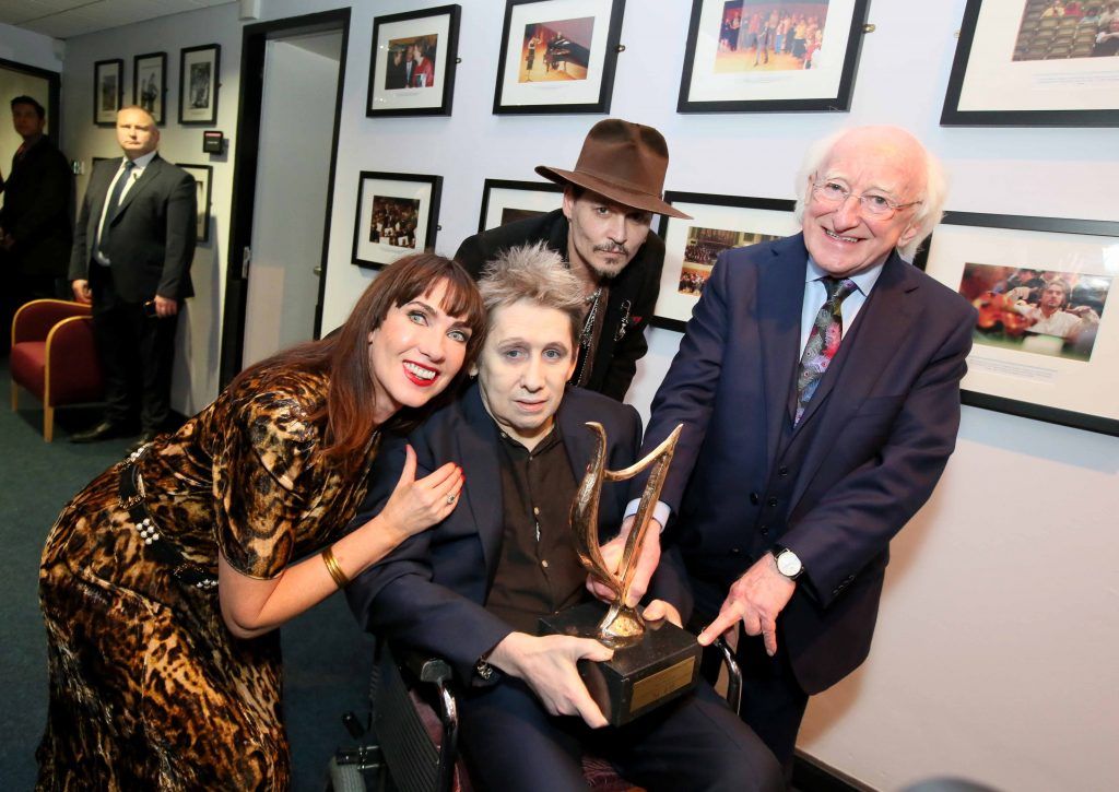 President Michael D. Higgins, Johnny Depp, Victoria Mary Clarke and Shane MacGowan pictured as he was celebrated at the National Concert Hall for his 60th birthday (15th Jan 2018). Photo: Mark Stedman