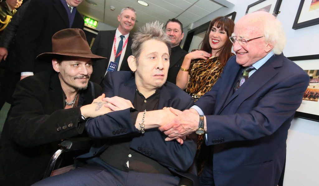 President Michael D. Higgins, Johnny Depp and Shane MacGowan pictured as he was celebrated at the National Concert Hall for his 60th birthday (15th Jan 2018). Photo: Mark Stedman