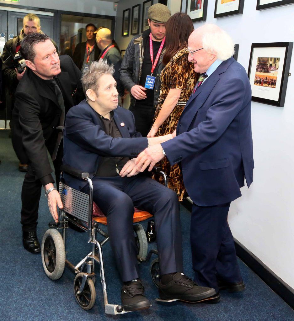 President Michael D. Higgins and Shane MacGowan pictured as he was celebrated at the National Concert Hall for his 60th birthday (15th Jan 2018). Photo: Mark Stedman