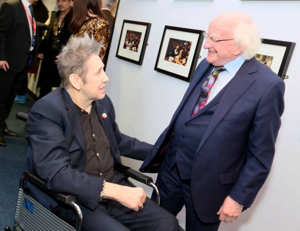 President Michael D. Higgins and Shane MacGowan pictured as he was celebrated at the National Concert Hall for his 60th birthday (15th Jan 2018). Photo: Mark Stedman