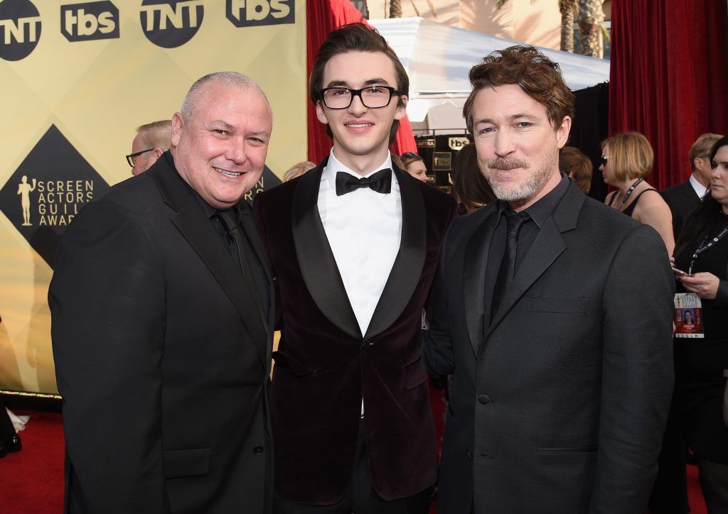 LOS ANGELES, CA - JANUARY 21:  Actors Conleth Hill (L), Isaac Hempstead Wright (C) and Aiden Gillen (R) attend the 24th Annual Screen Actors Guild Awards at The Shrine Auditorium on January 21, 2018 in Los Angeles, California.  (Photo by Kevork Djansezian/Getty Images)
