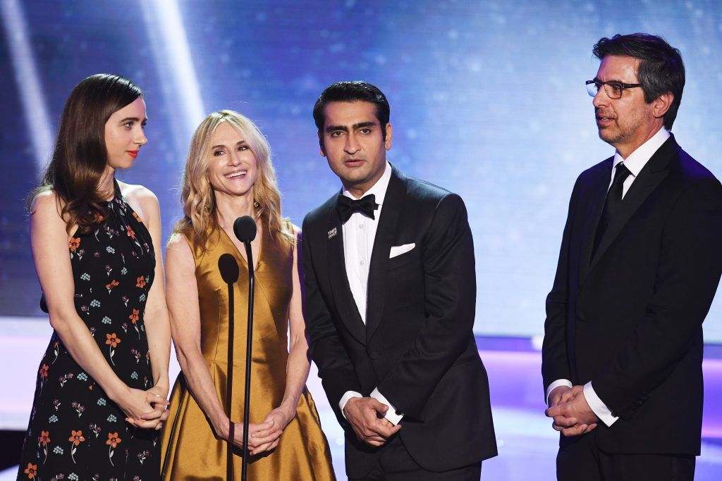 Actors Zoe Kazan, Holly Hunter, Kumail Nanjiani, and Ray Romano speak onstage during the 24th Annual Screen Actors Guild Awards at The Shrine Auditorium on January 21, 2018 in Los Angeles, California. (Photo by Kevin Winter/Getty Images)