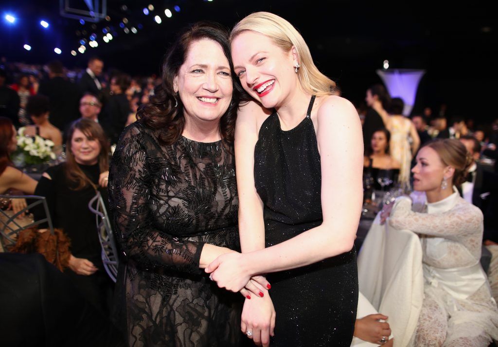 Actors Ann Dowd (L) and Elisabeth Moss attend the 24th Annual Screen Actors Guild Awards at The Shrine Auditorium on January 21, 2018 in Los Angeles, California. (Photo by Christopher Polk/Getty Images for Turner Image)