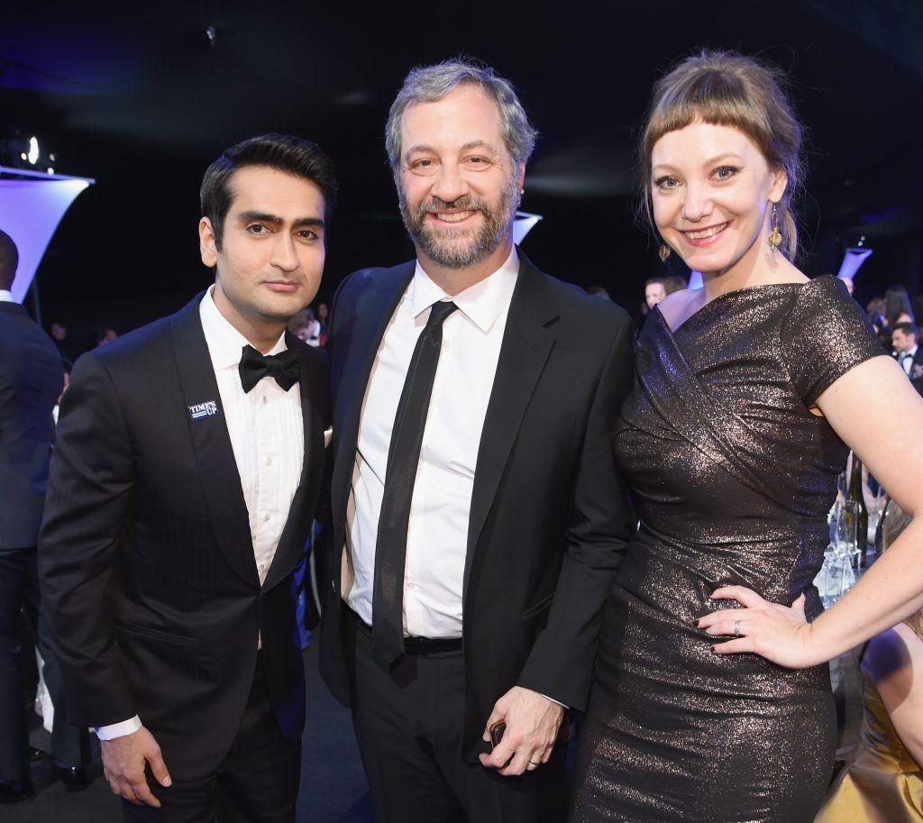 Actor Kumail Nanjiani, producer Judd Apatow and writer Emily V. Gordon attend the 24th Annual Screen Actors Guild Awards at The Shrine Auditorium on January 21, 2018 in Los Angeles, California.  (Photo by Dimitrios Kambouris/Getty Images for Turner Image)