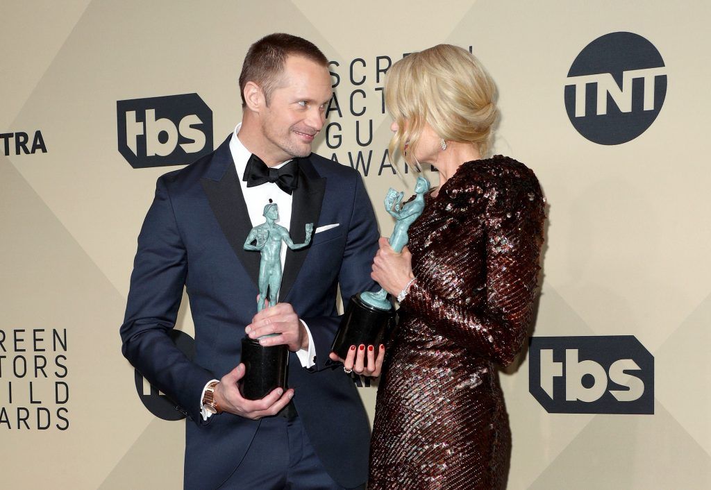 Actors Alexander Skarsgard, winner of Outstanding Performance by a Male Actor in a Television Movie or Limited Series for 'Big Little Lies', and Nicole Kidman, winner of Outstanding Performance by a Female Actor in a Television Movie or Limited Series for 'Big Little Lies',  pose in the press room during the 24th Annual Screen Actors Guild Awards at The Shrine Auditorium on January 21, 2018 in Los Angeles, California.  (Photo by Frederick M. Brown/Getty Images)