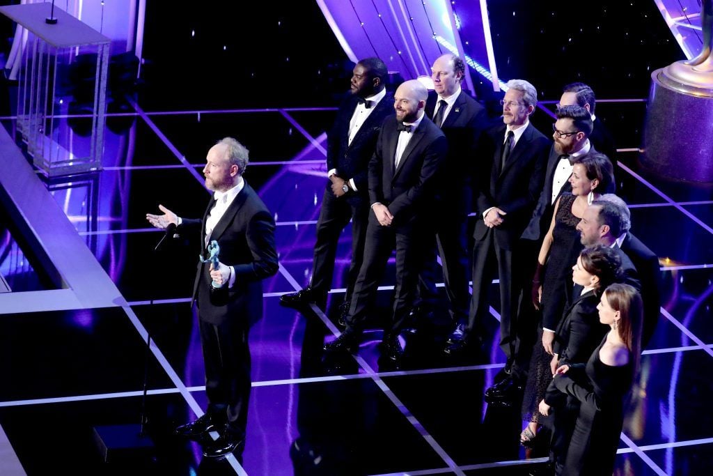 Actor Matt Walsh (L, holding award trophy) and castmates from 'Veep' accept the Outstanding Performance by an Ensemble in a Comedy Series award  onstage during the 24th Annual Screen Actors Guild Awards at The Shrine Auditorium on January 21, 2018 in Los Angeles, California. (Photo by Mike Coppola/Getty Images for Turner Image)