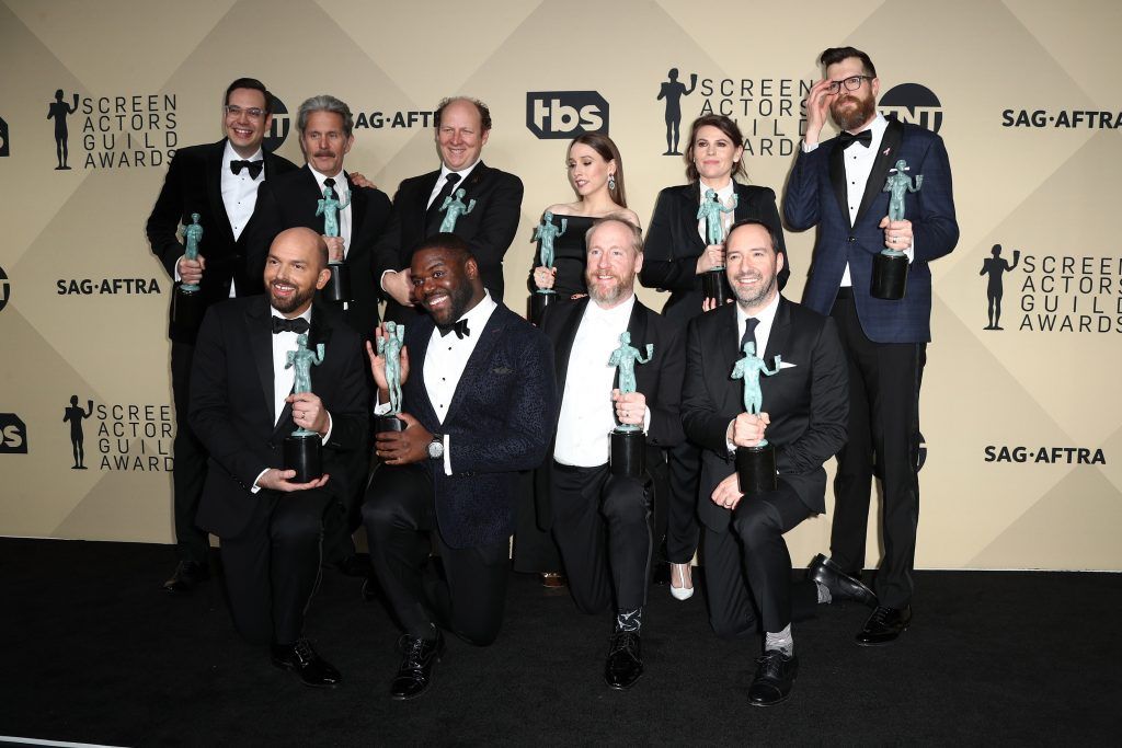 Cast of 'Veep', winners of Outstanding Performance by an Ensemble in a Comedy Series, pose in the press room during the 24th Annual Screen Actors Guild Awards at The Shrine Auditorium on January 21, 2018 in Los Angeles, California.   (Photo by Frederick M. Brown/Getty Images)