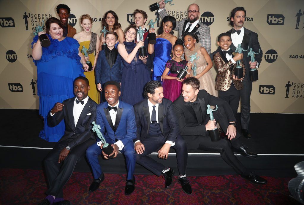 Cast of 'This Is Us', winners of Outstanding Performance by an Ensemble in a Drama Series, pose in the press room during the 24th Annual Screen Actors Guild Awards at The Shrine Auditorium on January 21, 2018 in Los Angeles, California. (Photo by Frederick M. Brown/Getty Images)