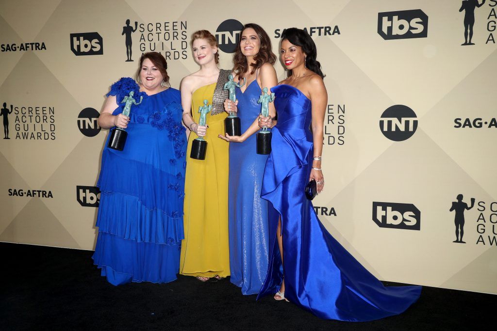 Actors Chrissy Metz, Alexandra Breckenridge, Mandy Moore and Susan Kelechi Watson, winners of Outstanding Performance by an Ensemble in a Drama Series for 'This Is Us', pose in the press room during the 24th Annual Screen Actors Guild Awards at The Shrine Auditorium on January 21, 2018 in Los Angeles, California. (Photo by Frederick M. Brown/Getty Images)