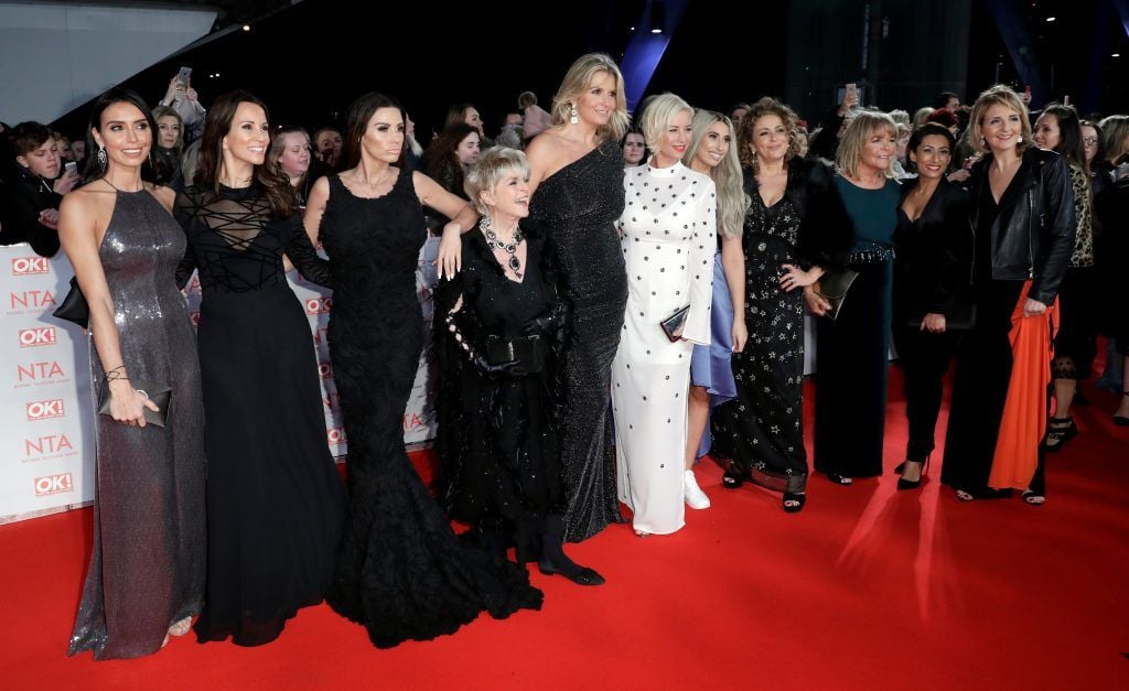 LONDON, ENGLAND - JANUARY 23:  (L-R) Christine Lampard, Andrea McLean, Katie Price, Gloria Hunniford, Penny Lancaster, Denise van Outen, Stacey Soloman, Nadia Sawalha, Linda Robson, guest and Kaye Adams attend the National Television Awards 2018 at the O2 Arena on January 23, 2018 in London, England.  (Photo by John Phillips/Getty Images)
