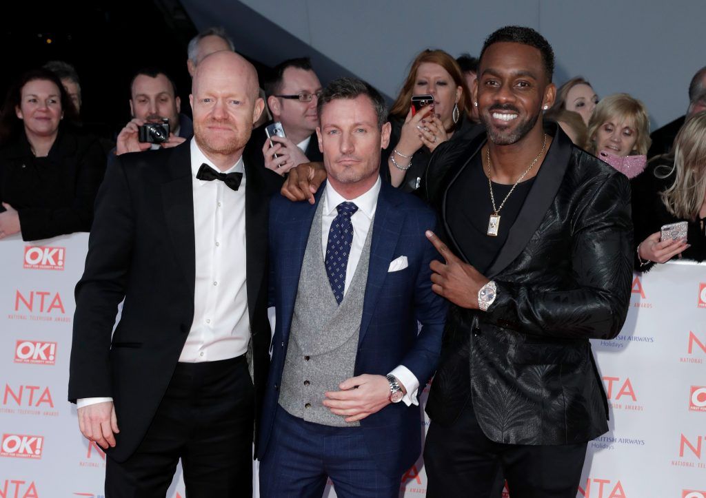 LONDON, ENGLAND - JANUARY 23:  Jake Wood, Dean Gaffney and Richard Blackwood attend the National Television Awards 2018 at the O2 Arena on January 23, 2018 in London, England.  (Photo by John Phillips/Getty Images)