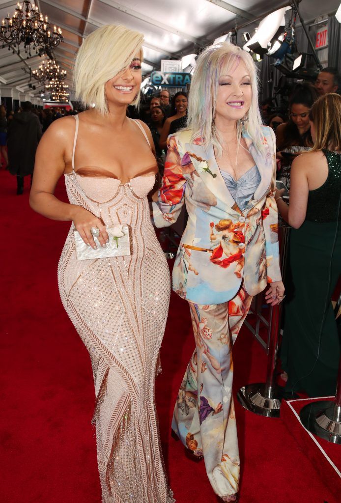 NEW YORK, NY - JANUARY 28:  Recording artists Bebe Rexha and Cyndi Lauper attend the 60th Annual GRAMMY Awards at Madison Square Garden on January 28, 2018 in New York City.  (Photo by Christopher Polk/Getty Images for NARAS)
