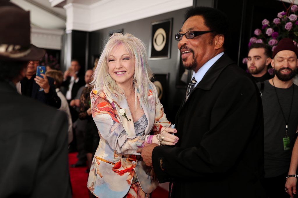 NEW YORK, NY - JANUARY 28:  Recording artist Cyndi Lauper (L) and a guest attend the 60th Annual GRAMMY Awards at Madison Square Garden on January 28, 2018 in New York City.  (Photo by Christopher Polk/Getty Images for NARAS)