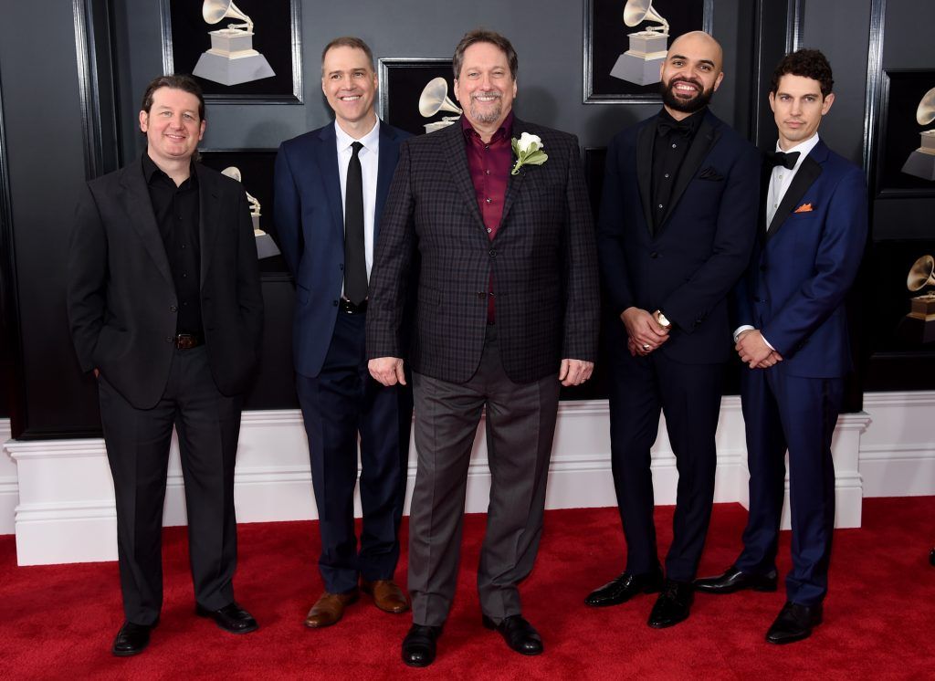NEW YORK, NY - JANUARY 28:  Recording artist Jerry Douglas (C) and The Jerry Douglas Band attend the 60th Annual GRAMMY Awards at Madison Square Garden on January 28, 2018 in New York City.  (Photo by Jamie McCarthy/Getty Images)