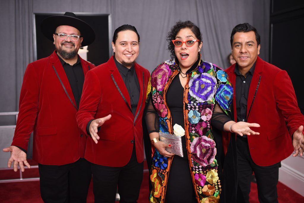NEW YORK, NY - JANUARY 28:  (L-R) Musicians Alex Bendana, Jose Carlos, Gloria Estrada, and Miguel Ramirez of band La Santa Cecilia attend the 60th Annual GRAMMY Awards at Madison Square Garden on January 28, 2018 in New York City.  (Photo by Dimitrios Kambouris/Getty Images for NARAS)