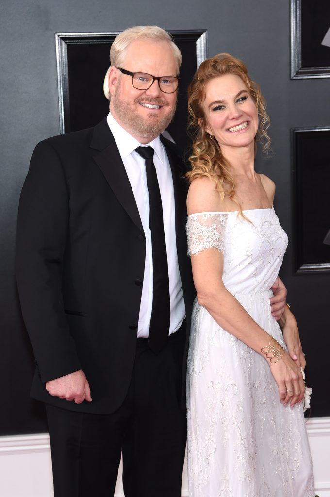 NEW YORK, NY - JANUARY 28:  Comedian Jim Gaffigan (L) and actor Jeannie Gaffigan attend the 60th Annual GRAMMY Awards at Madison Square Garden on January 28, 2018 in New York City.  (Photo by Jamie McCarthy/Getty Images)