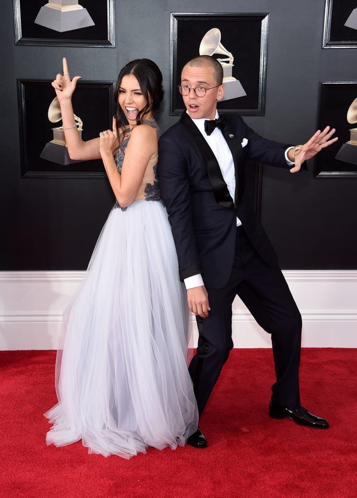 NEW YORK, NY - JANUARY 28:  Model Jessica Andrea (L) and recording artist Logic attend the 60th Annual GRAMMY Awards at Madison Square Garden on January 28, 2018 in New York City.  (Photo by Jamie McCarthy/Getty Images)