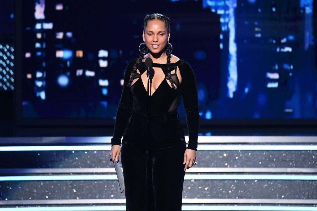 Recording artist Alicia Keys speaks onstage during the 60th Annual GRAMMY Awards at Madison Square Garden on January 28, 2018 in New York City.  (Photo by Kevin Winter/Getty Images for NARAS)