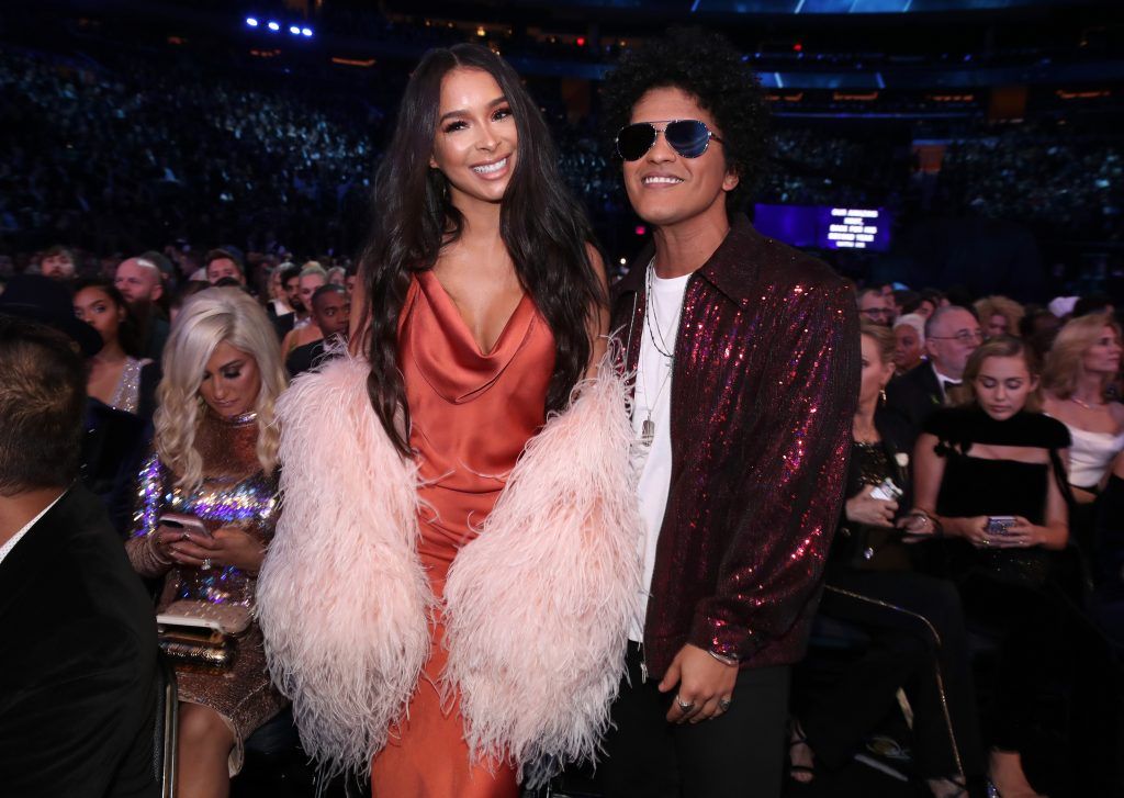 Model Jessica Caban and recording artist Bruno Mars attend the 60th Annual GRAMMY Awards at Madison Square Garden on January 28, 2018 in New York City.  (Photo by Christopher Polk/Getty Images for NARAS)