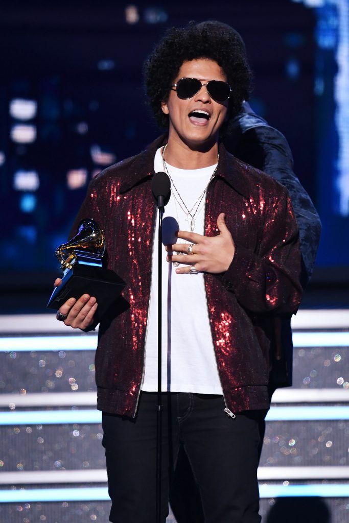 Recording artist Bruno Mars accepts Record of the Year for '24K Magic' onstage during the 60th Annual GRAMMY Awards at Madison Square Garden on January 28, 2018 in New York City.  (Photo by Kevin Winter/Getty Images for NARAS)