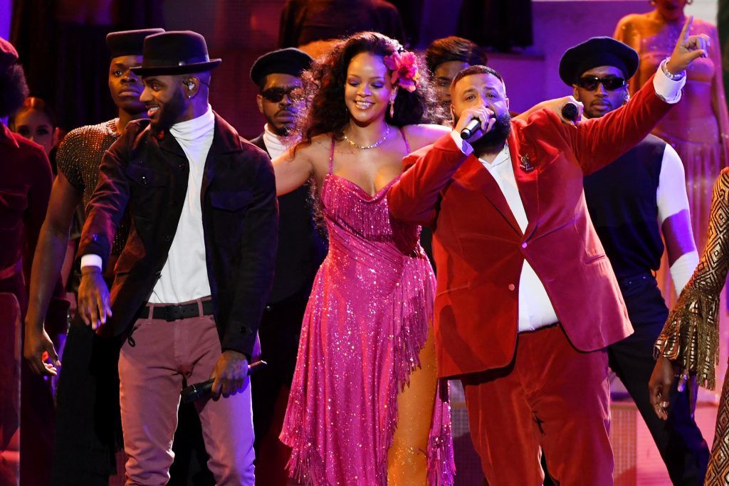 Recording artists Bryson Tiller, Rihanna and DJ Khaled perform onstage during the 60th Annual GRAMMY Awards at Madison Square Garden on January 28, 2018 in New York City.  (Photo by Kevin Winter/Getty Images for NARAS)