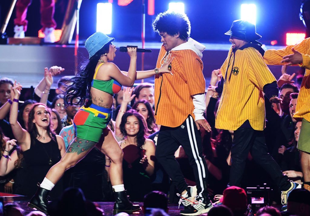 Recording artists Cardi B (L) and Bruno Mars perform onstage during the 60th Annual GRAMMY Awards at Madison Square Garden on January 28, 2018 in New York City.  (Photo by Kevin Winter/Getty Images for NARAS)