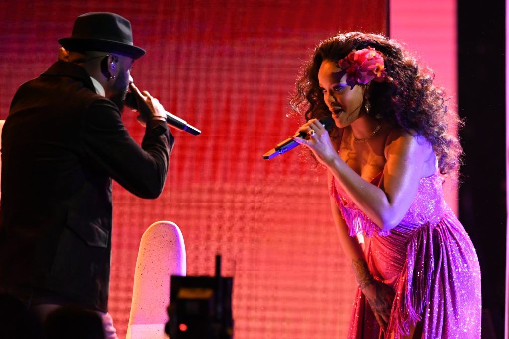 Recording artists Bryson Tiller (L) and Rihanna perform onstage during the 60th Annual GRAMMY Awards at Madison Square Garden on January 28, 2018 in New York City.  (Photo by Kevin Winter/Getty Images for NARAS)