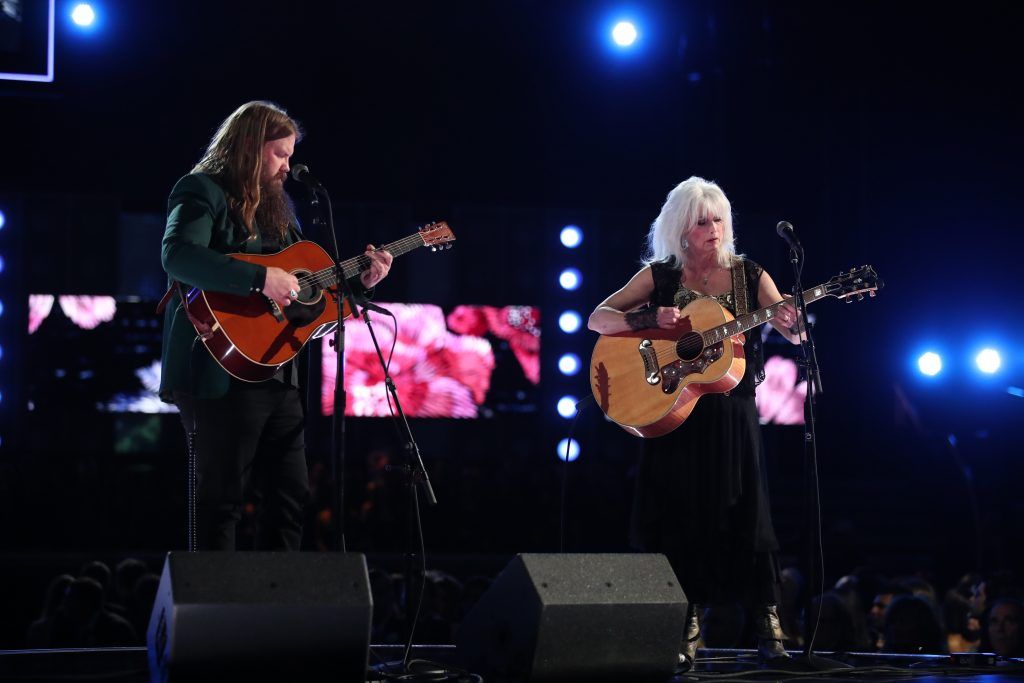 Recording artists Chris Stapleton (L) and Emmylou Harris perform onstage at the 60th Annual GRAMMY Awards at Madison Square Garden on January 28, 2018 in New York City.  (Photo by Christopher Polk/Getty Images for NARAS)