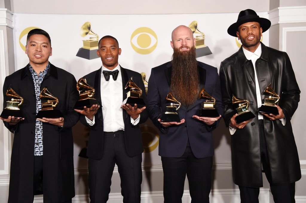 Producers Jonathan Yip, Ray Romulus, Jeremy Reeves, and Ray Charles McCullough II of The Stereotypes pose in the press room during the 60th Annual GRAMMY Awards at Madison Square Garden on January 28, 2018 in New York City.  (Photo by Michael Loccisano/Getty Images for NARAS)