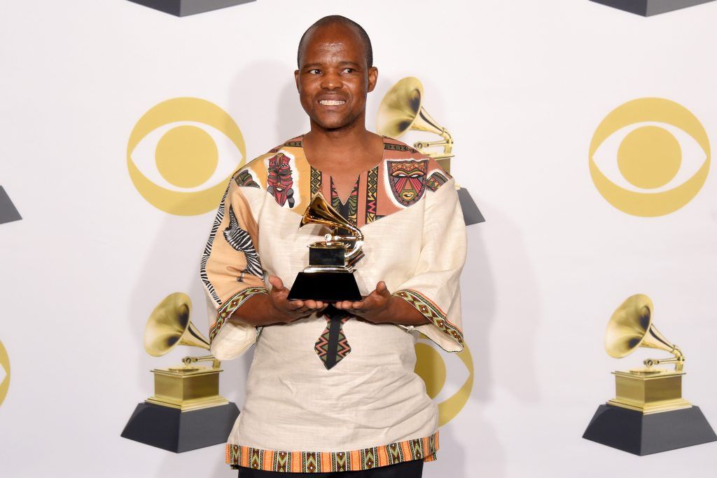 A member of musical group Ladysmith Black Mambazo poses in the press room during the 60th Annual GRAMMY Awards at Madison Square Garden on January 28, 2018 in New York City.  (Photo by Michael Loccisano/Getty Images for NARAS)