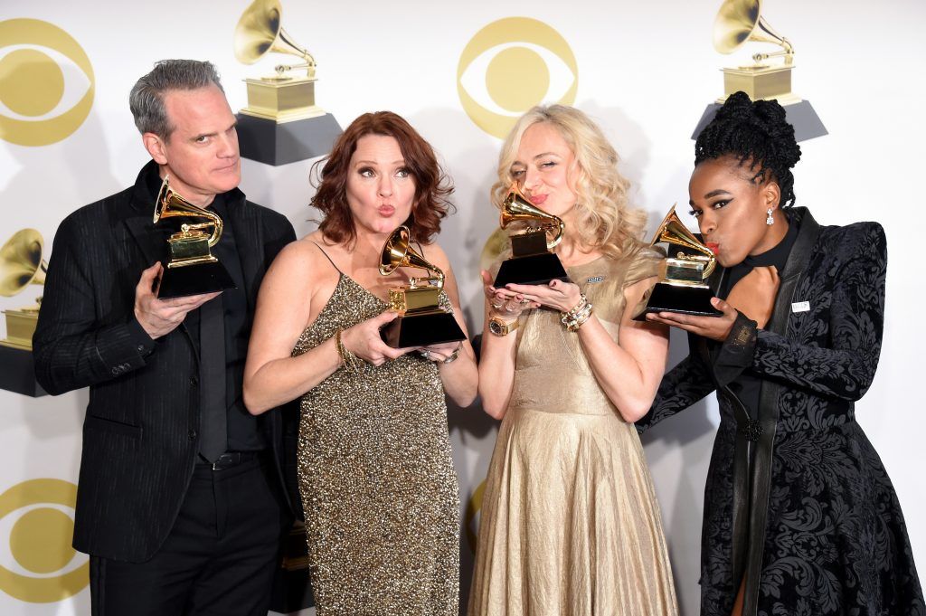 Actors Michael Park, Jennifer Laura Thompson, Rachel Bay Jones, and Kristolyn Lloyd, winners of the Best Musical Theater Album award for 'Dear Evan Hansen,' poses in the press room during the 60th Annual GRAMMY Awards at Madison Square Garden on January 28, 2018 in New York City.  (Photo by Michael Loccisano/Getty Images for NARAS)