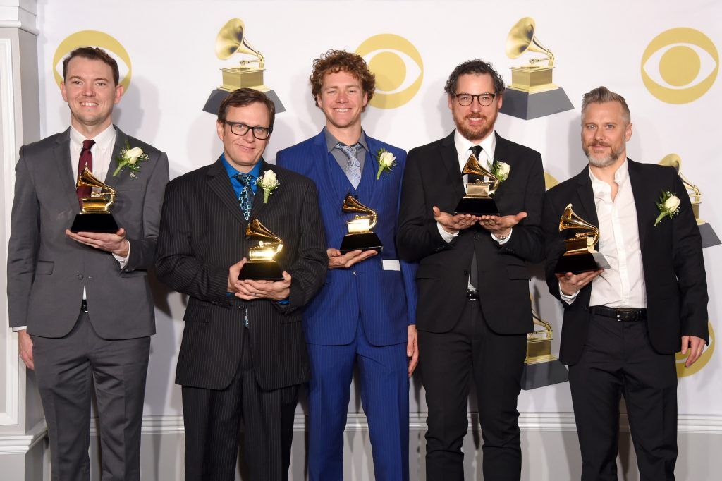 Musical group Infamous Stringdusters pose in the press room during the 60th Annual GRAMMY Awards at Madison Square Garden on January 28, 2018 in New York City.  (Photo by Michael Loccisano/Getty Images for NARAS)