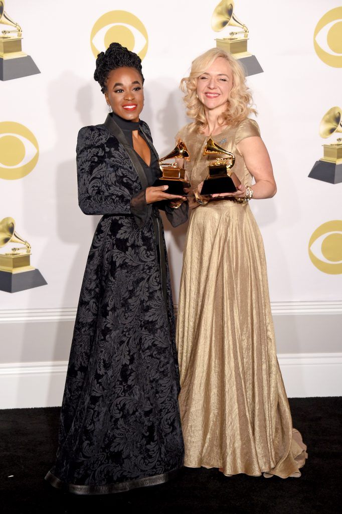 Actors Kristolyn Lloyd (L) and Rachel Bay Jones, winners of the Best Musical Theater Album award for 'Dear Evan Hansen,' pose in the press room during the 60th Annual GRAMMY Awards at Madison Square Garden on January 28, 2018 in New York City.  (Photo by Michael Loccisano/Getty Images for NARAS)
